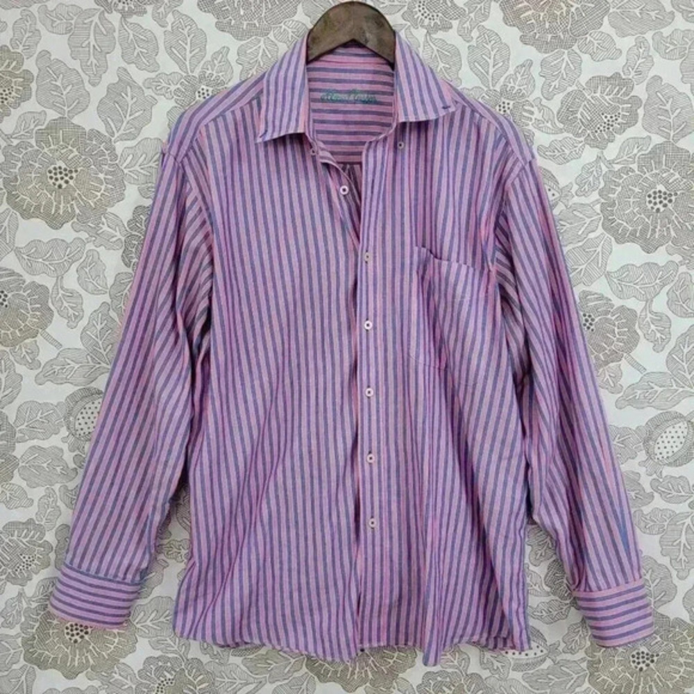 Alan Flusser Mens Pink & Blue Striped Cotton Button-Up Shirt Size M‎